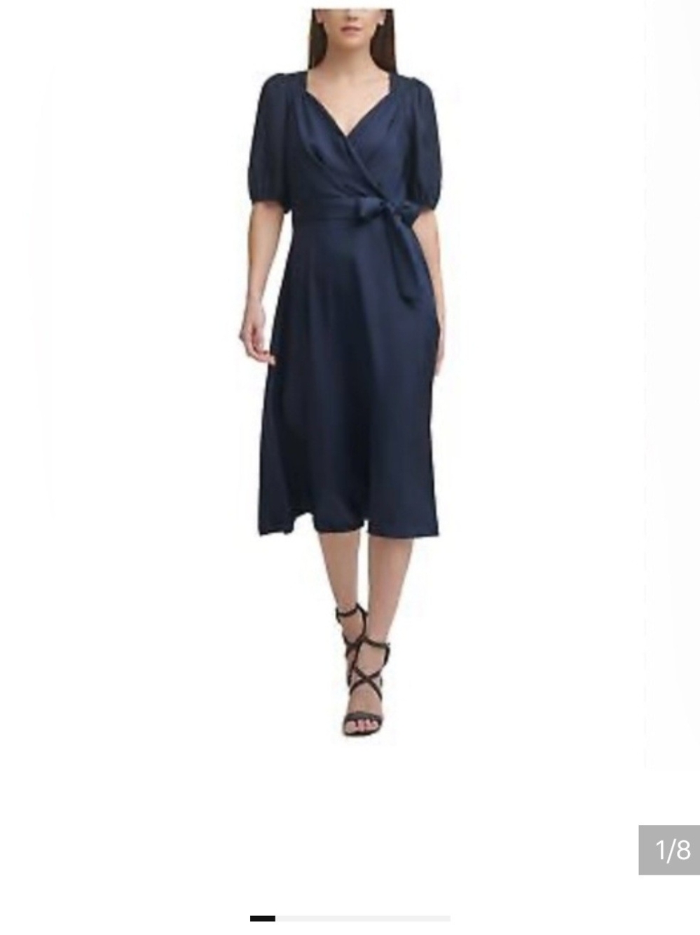 DKNY Navy Wrap Midi Dress with Puff Sleeves and Tie Waist. Size 4 Party Evening